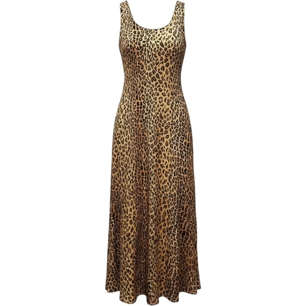 SBK Womens L Silk Leopard Animal Print Maxi Dress Long Sleeveless Scoop Neck Zip